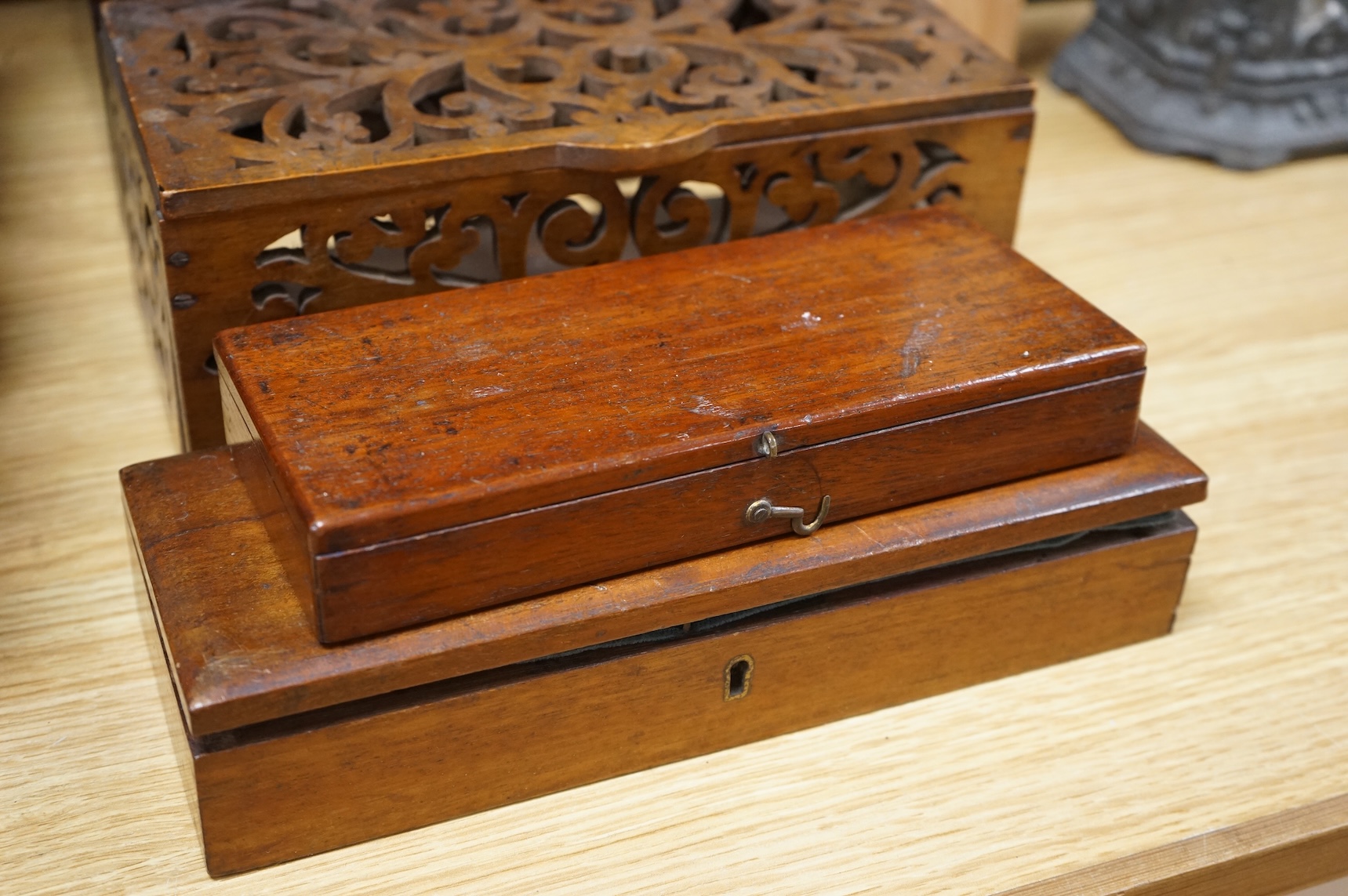 A collection of 19th and 20th century writing, stationery, tea caddies and painting boxes, largest 34.5cm wide (10)